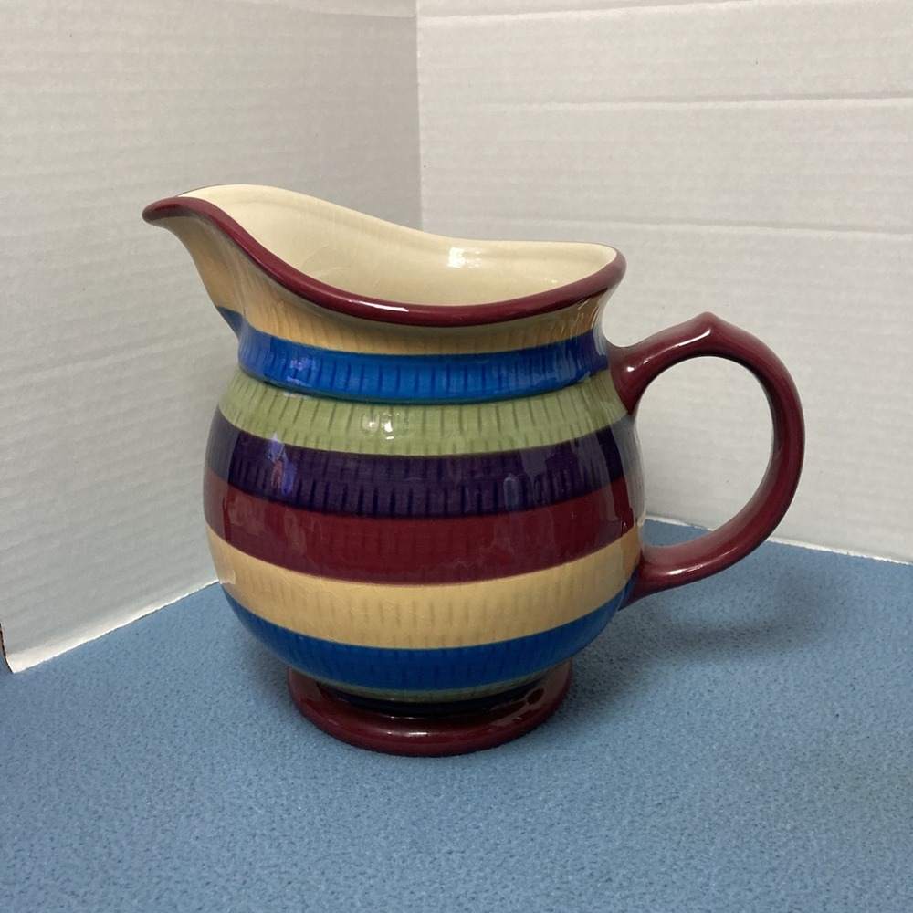Longaberger Vitrified Pottery Multicolor Cabana Stripes Large 2 Quart Pitcher